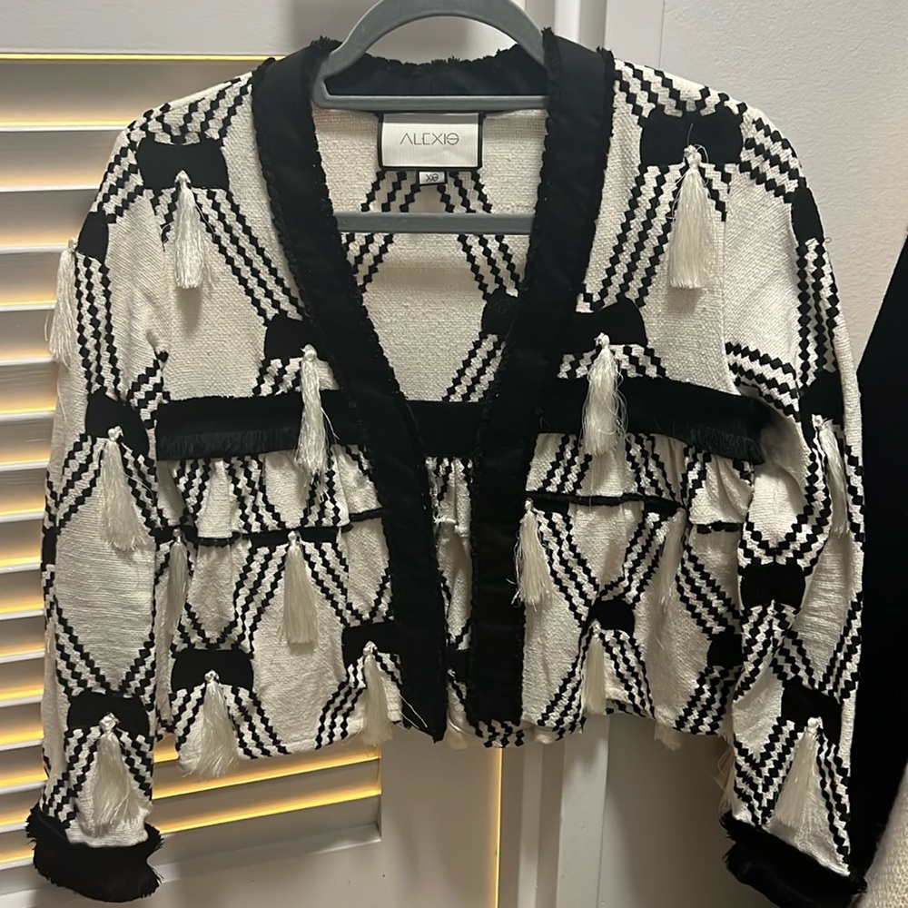 Alexis white and black tassel jacket